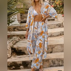 2 piece Leaf Print Swimsuit Set Long Sleeve V Neck Kimono&Loose Fit Casual Pants